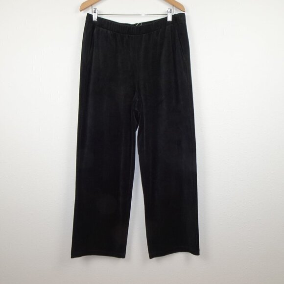 Eileen Fisher Straight Leg Pants Size L Black Velour Stretch Elastic Waist - Picture 2 of 9